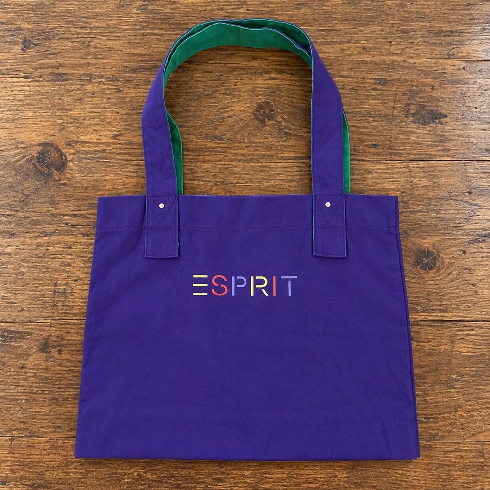 Vintage Esprit Purple Canvas Tote Bag Rainbow Logo Y2K Zipper Pocket Green Trim